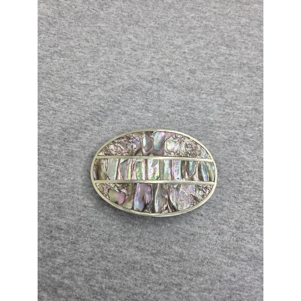 Vintage Womens Handmade Abalone Shell Inlay Large Oval Belt Buckle Boho